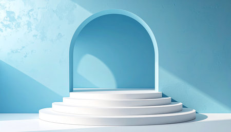 3d rendering of white podium in blue room with blue wall and archの素材