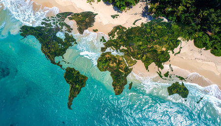 Aerial view of beautiful tropical beach and sea with coconut palm tree for travel and vacationの素材