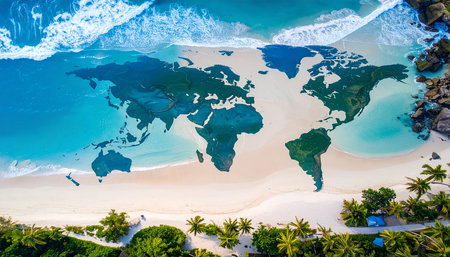 Aerial view of beautiful tropical beach and sea with coconut palm tree for travel and vacationの素材