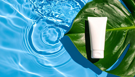 cosmetic cream bottle on green leaf on blue water background with rippleの素材