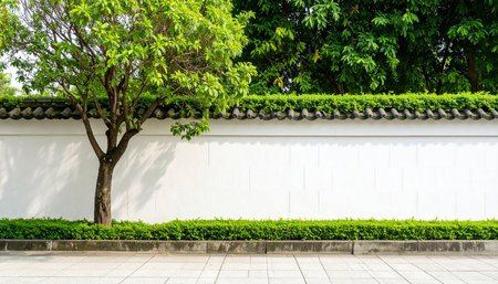 White wall and green tree in the public park, outdoor view.の素材