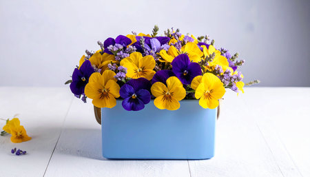 Bouquet of pansy flowers in a blue vase.の素材