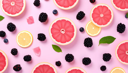 Creative layout made of grapefruits and blackberries on pink background. Flat lay, top view, copy spaceの素材