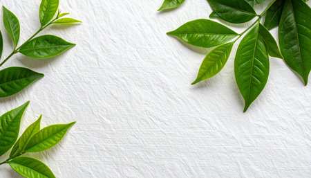 Green tea leaves on white background, top view, copy space.の素材