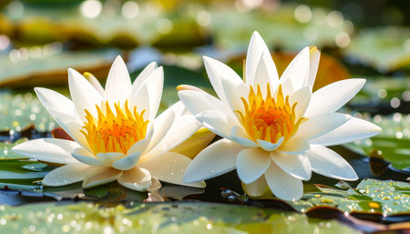 Beautiful white water lily or lotus flower in the pondの素材