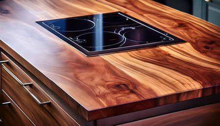 Detailed view of a kitchen countertop with an induction cooktop set into a surface with prominent natural wood grain.の素材