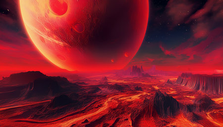 A desolate alien planet with a huge red moon dominating the sky and molten lava covering the ground.の素材
