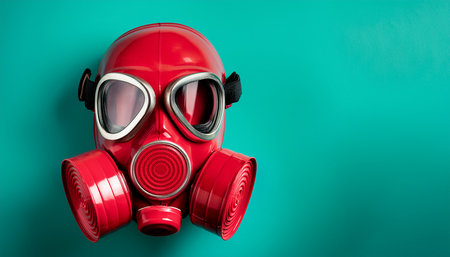 A detailed close-up of a red gas mask with silver accents against a solid teal background.の素材