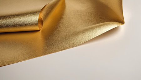 Closeup of golden satin fabric on white background with copy spaceの素材