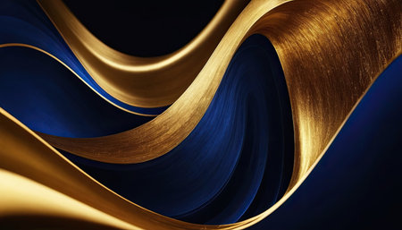 3d illustration of abstract background with golden and blue curved lines.の素材