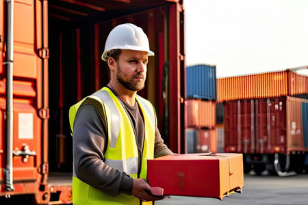 Portrait of a male warehouse worker holding a box at the container yardの素材