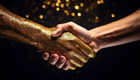 Golden showing golden handshake with sparkly glitter and bokeh lights background. High resolution image suitable for...の素材