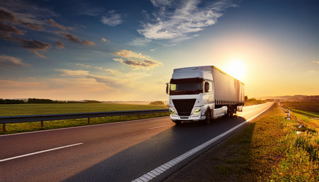A white semi-truck drives on a highway towards a golden sunset with rolling hills and fields visible.の素材
