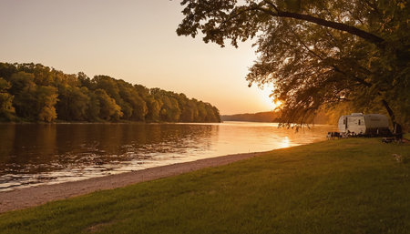 Sunset on the river in summer. Caravan on the river bank.の素材