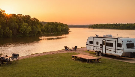 Caravan on the bank of the river. Camping on nature.の素材