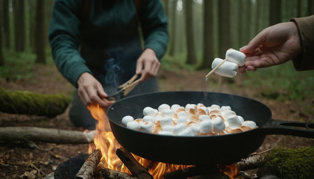 A man cooks marshmallows in a wok in the forest.の素材