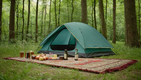 Camping in the forest with a tent and a cup of teaの素材