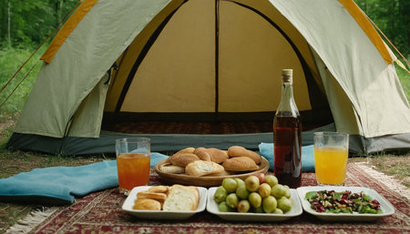 Picnic in the woods with a tent and a bottle of wineの素材