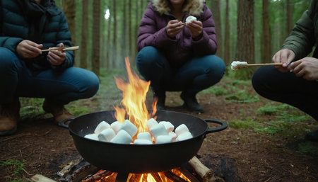 Couple cooking marshmallows on bonfire in forest, closeupの素材