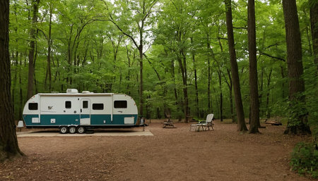 Caravan in the forest. Camping in nature. Caravan in the forest.の素材