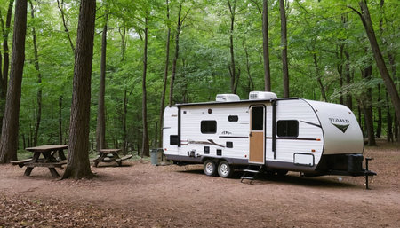 Camper trailer in forest. Camping in nature. Holidays in motor home.の素材