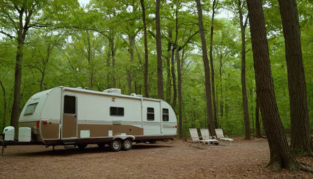Caravan in the forest. Camping in nature. Holidays in motorhome.の素材