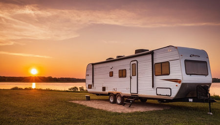 Caravan trailer camping on lake shore at sunset. Holidays in motor home.の素材
