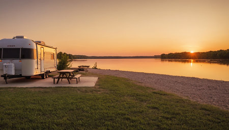 Caravan on the lake at sunset. Camping on nature.の素材
