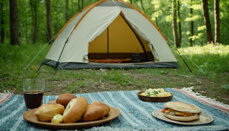Picnic in the forest with a tent and food on the tableの素材
