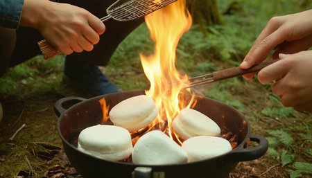 cooking marshmallows on a fire in the forest in summerの素材