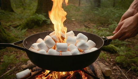 Marshmallows in a frying pan on a fire in the forestの素材