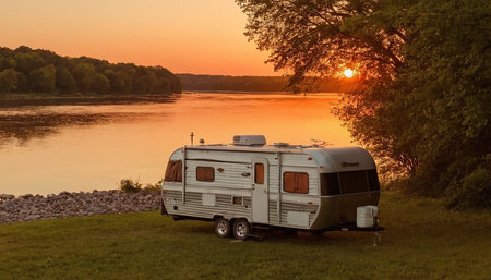 Caravan on the river at sunset. Camping on nature.の素材