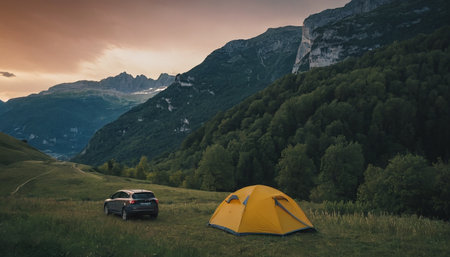 Camping in the mountains. Car and tent on the grass.の素材