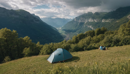 Camping in the mountains. Beautiful summer landscape in the mountains.の素材