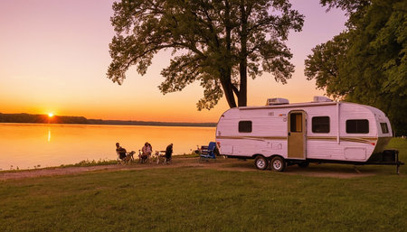 Caravan on lake shore at sunset. Camping on nature.の素材