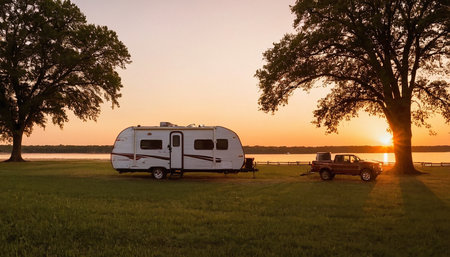 Caravan on the lake at sunset. Camping on nature.の素材