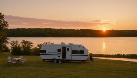 Caravan on lake at sunset. Camping in motorhome.の素材