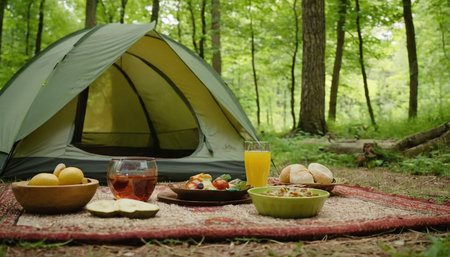 Picnic in the woods with a tent and food on a rugの素材