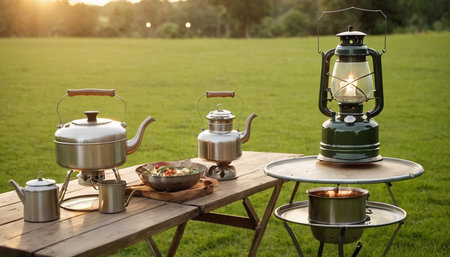 Coffee table with vintage kettle and coffee pot on green meadowの素材