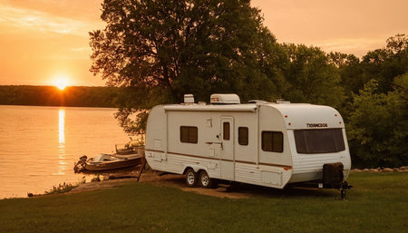 Caravan on a lake at sunset. Camping on nature.の素材