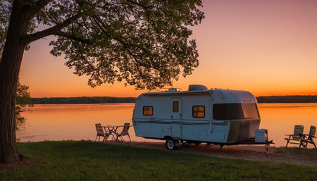 Camping trailer on a lake at sunset in the summertime.の素材