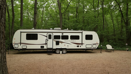 Caravan in the forest. Camping in nature. Traveling with motor home.の素材