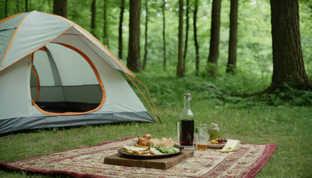 Picnic in the forest with a tent and a bottle of wineの素材