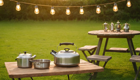 Vintage kettle on wooden table in the garden with light bulbs.の素材