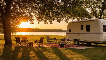 Camping in motorhome on lake shore at sunset. Camping on nature.の素材