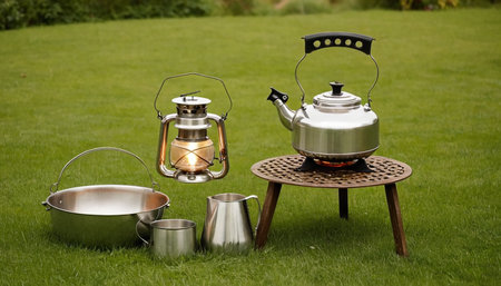 Kettle and pans on a picnic table in a garden setting.の素材