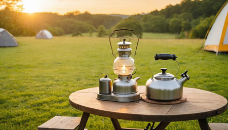 Kettle and coffee pot on a table in front of camping tentの素材