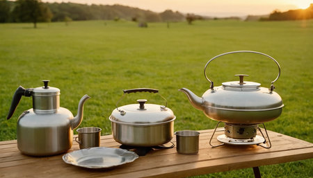 Kettle and teapot on the table in the meadowの素材