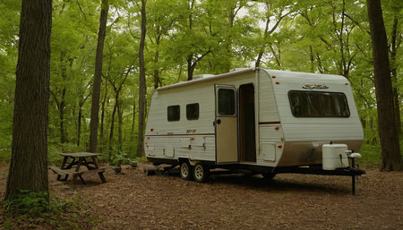 Caravan in the forest. Camping in nature. Family vacation.の素材