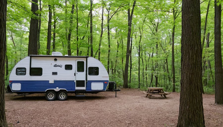 Caravan in the forest. Camping in nature. Holidays in nature.の素材